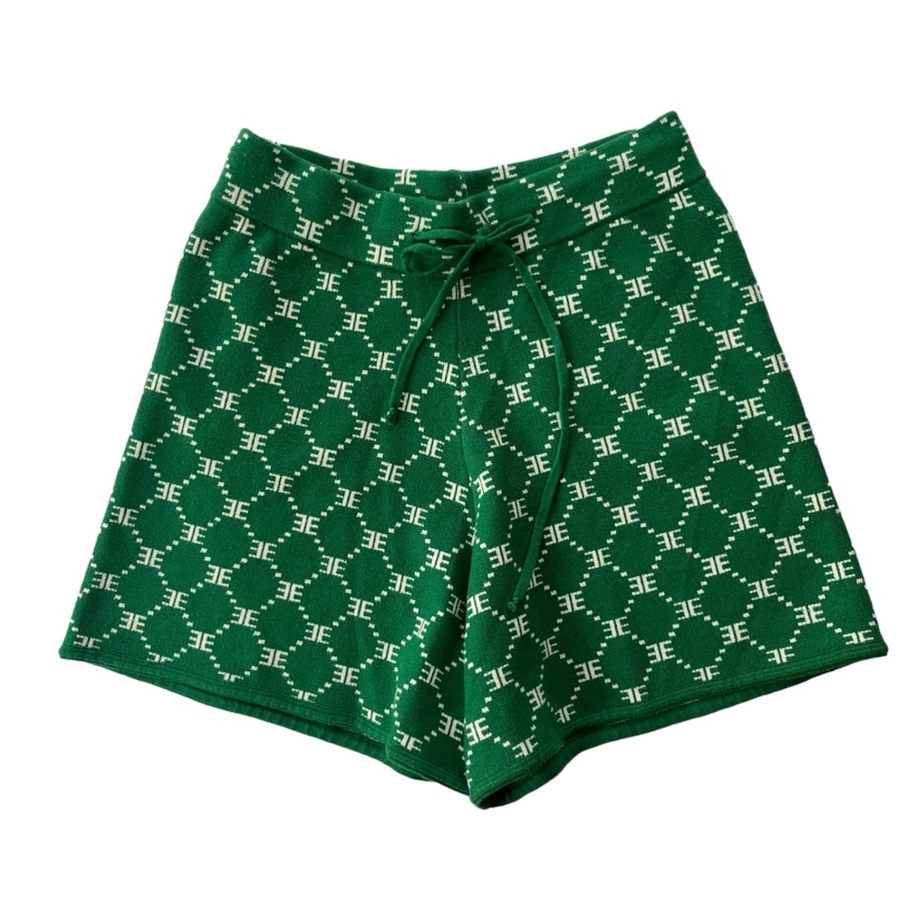 EllandEmm Women’s Size Large Green & White EE Monogram Diamond Print Knit Shorts